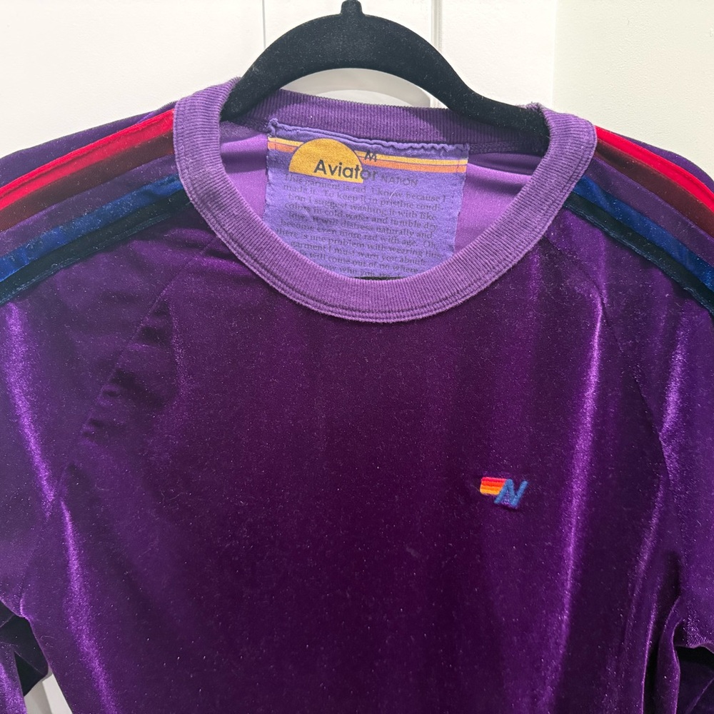 Aviator Nation Purple Velvet Sweater with Rainbow Stripes